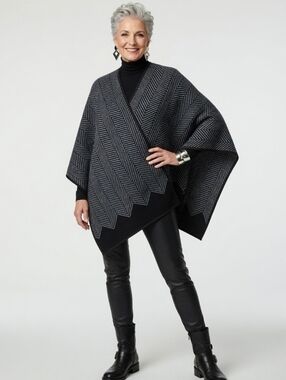 Ike Behar Black & Gray Chevron Poncho Sweater